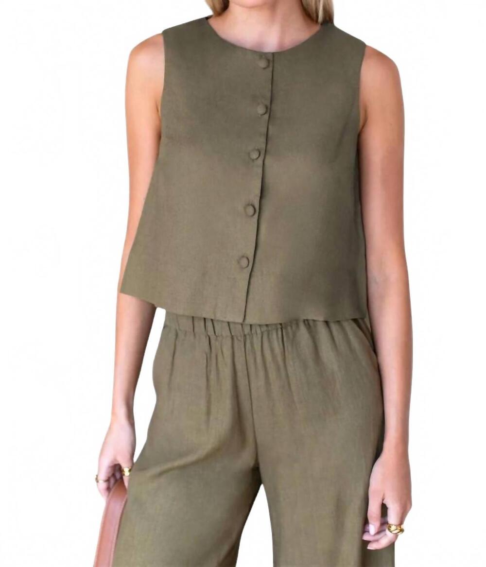 NEW EMERSON FRY button front wide hem top in gothic olive linen